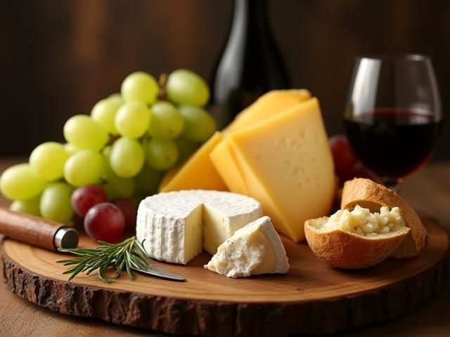 A selection of French cheeses with grapes and wine on a wooden board.