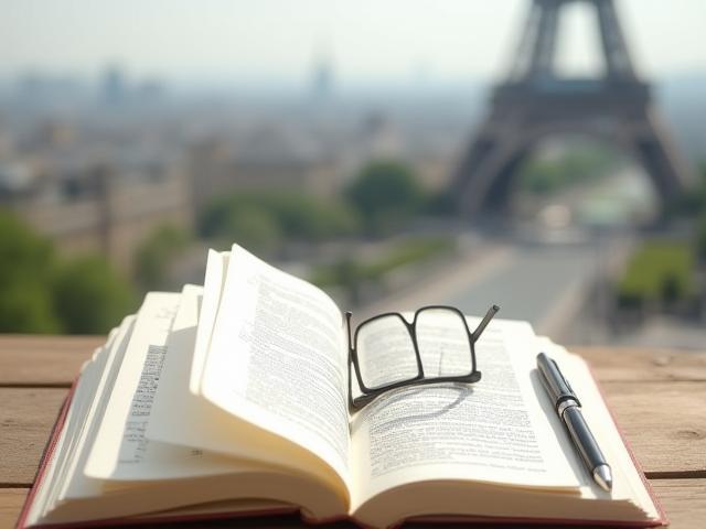 An open phrasebook with a view of the Eiffel Tower in the background.