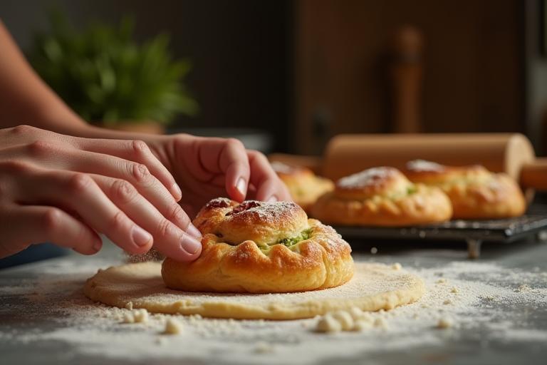 Hands preparing classic French pastries in a rustic kitchen setting.