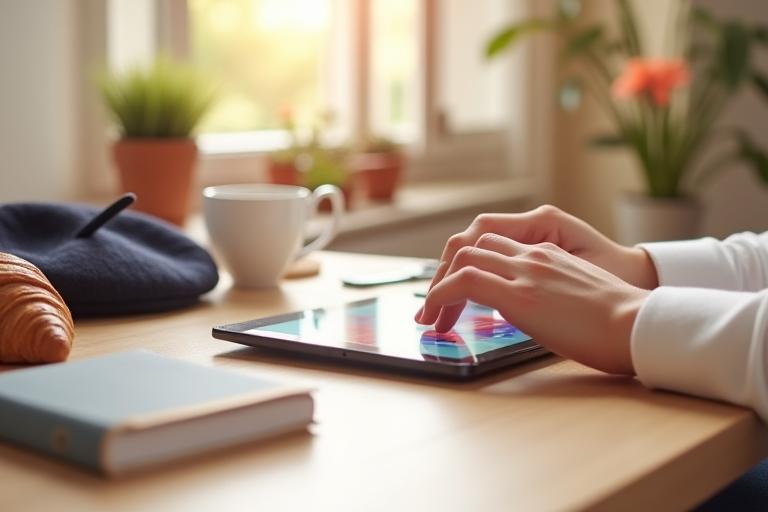 A student learning French online on a tablet, with a beret and croissant nearby, symbolizing French culture.