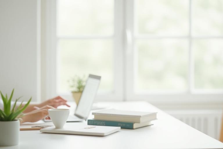 A professional working productively and calmly in a bright, minimalist French-inspired office space.