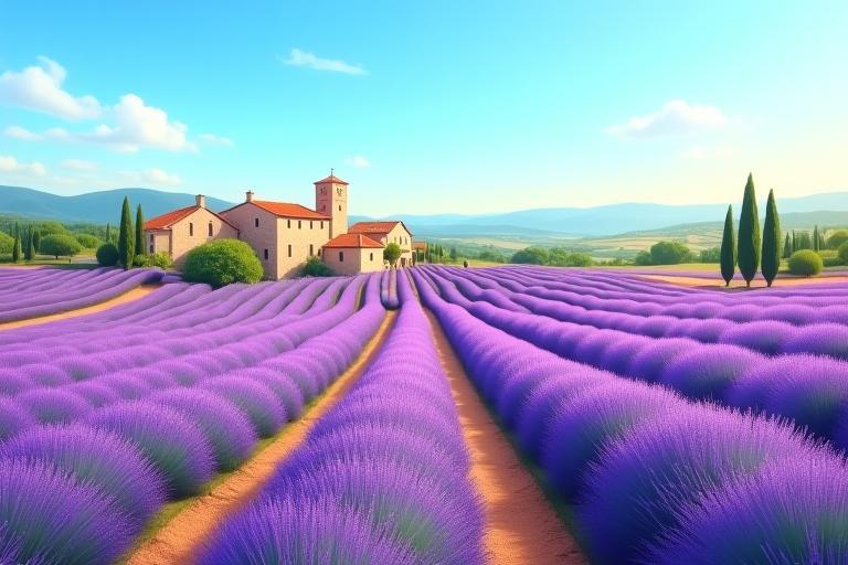 Scenic view of a picturesque French village in Provence with lavender fields.